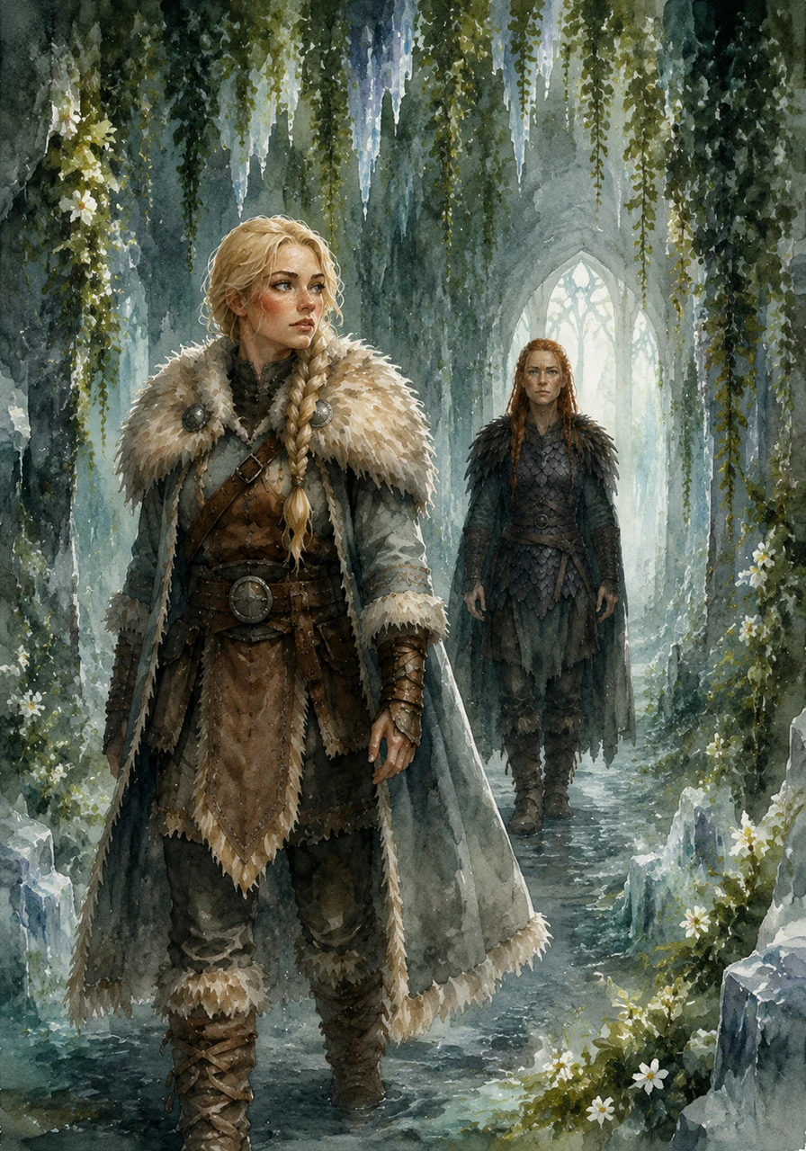 Leaving her room, she wandered through the corridors of the sanctuary where the flora grew even thicker. Vines draped from the ceiling like emerald curtains, and small white flowers bloomed in the crevices of the ice. It was a living garden hidden deep within a glacier.