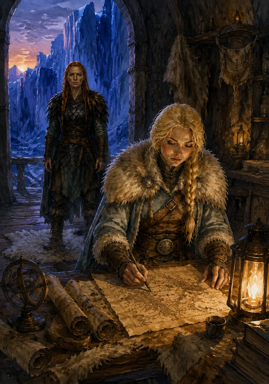 As the sun began to dip below the horizon, the teal ice wall turned a deep, royal blue. Astrid returned to her room, the lantern light guiding her back to her sanctuary within a sanctuary. The day’s research was complete, and her map was now filled with new notes.