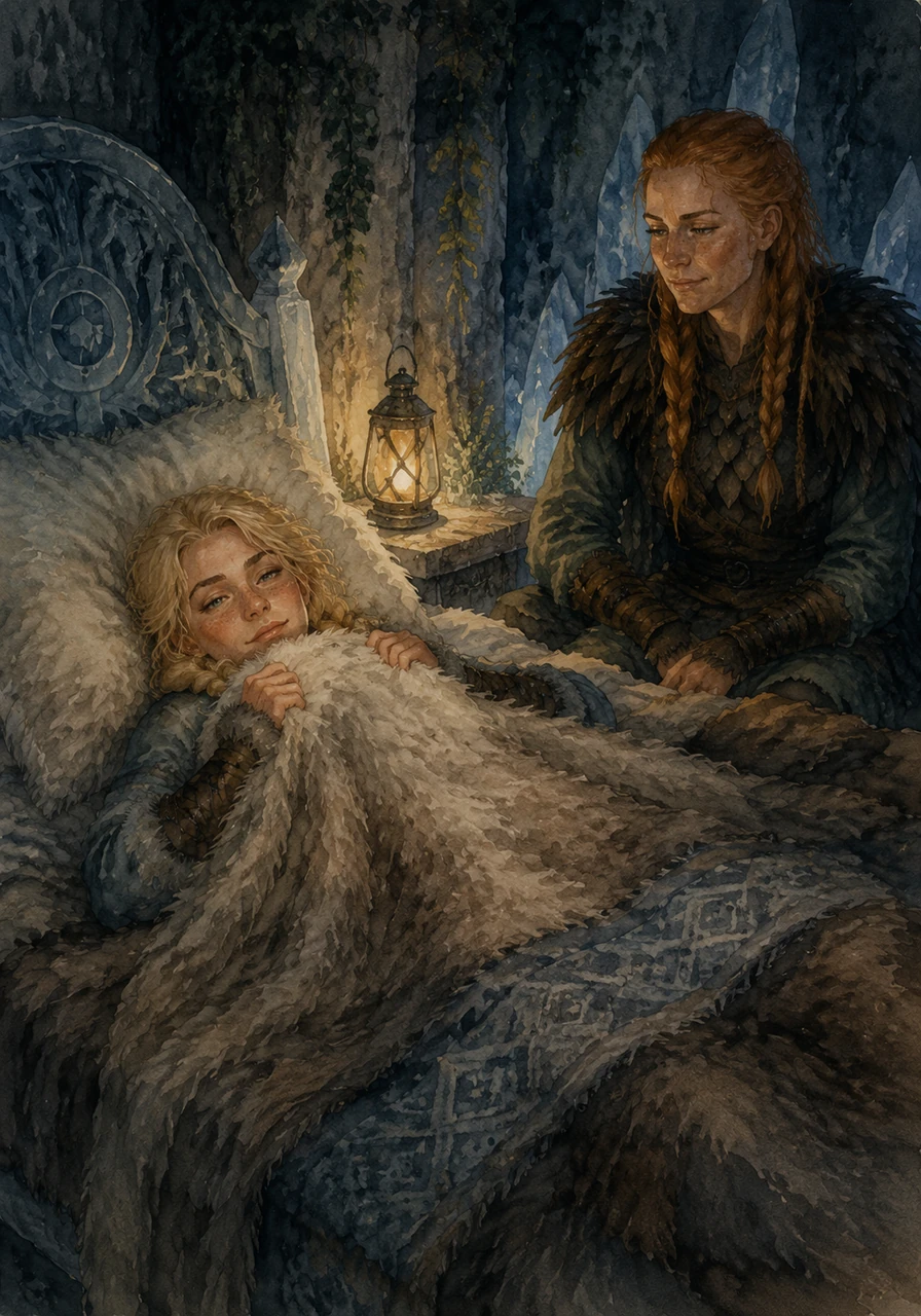 She climbed back into her bed, pulling the fuzzy blankets up to her chin as the lantern’s glow faded. Surrounded by the ancient stone and the whispering plants, Astrid felt completely at peace. Tomorrow would bring new adventures, but for now, the ice sanctuary was her perfect home.
