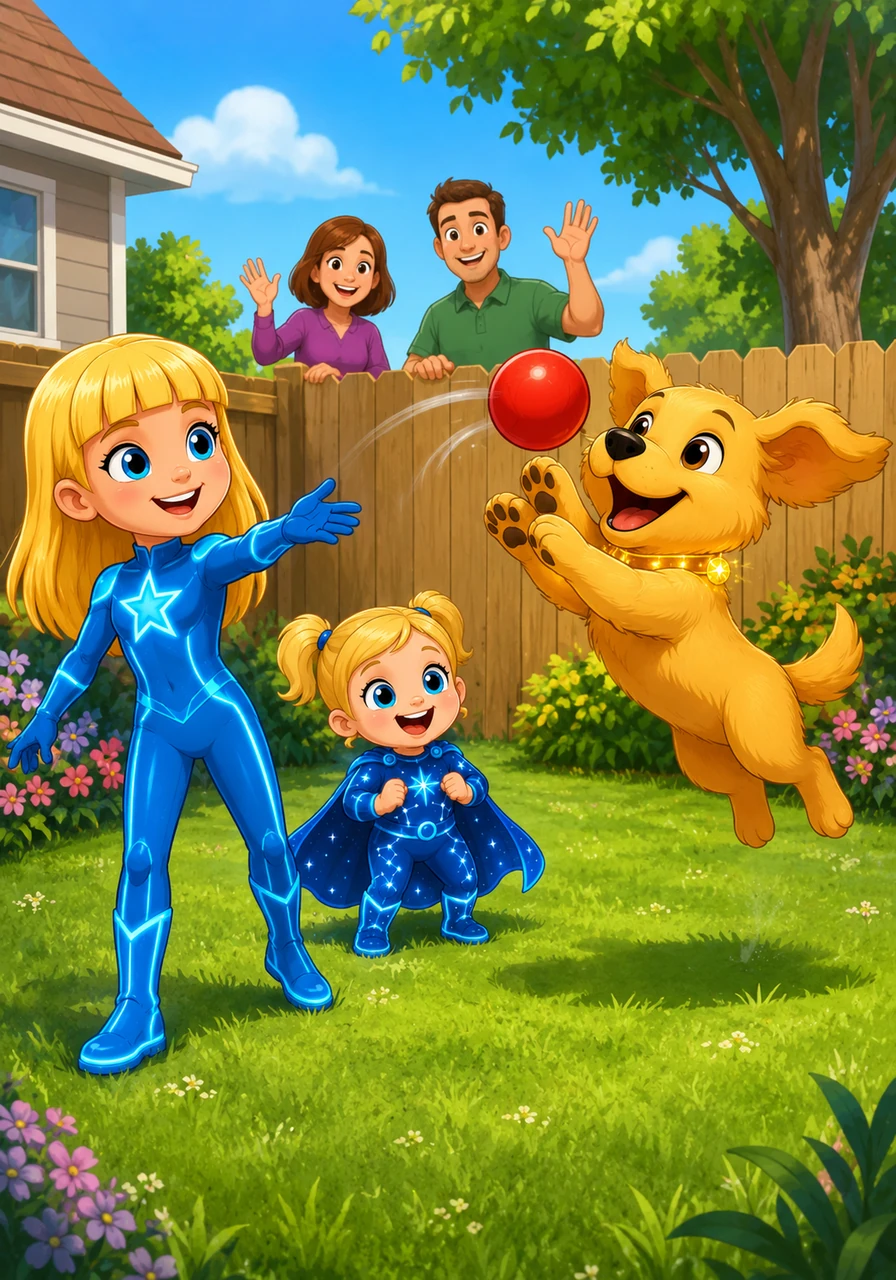 Out in the backyard, Ellie playfully tosses a bright red ball to their golden retriever puppy, Sammy. Sammy catches it mid-air with a joyful leap, carefully hiding the fact that she can actually fly, while neighbors wave over the fence at the perfectly normal family pet.