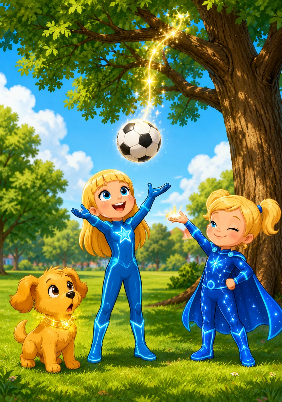 At the neighborhood park, Riley accidentally kicks her soccer ball way up into a tall oak tree. Before anyone can notice, Ellie uses her secret telekinetic powers with a subtle blink, gently guiding the ball back down into her little sister's arms with a smile.