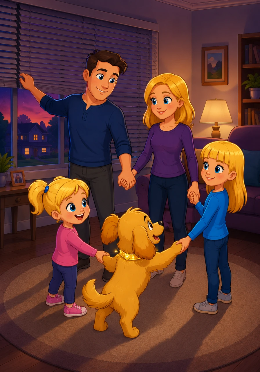 As the sun sets over the suburban neighborhood, casting long purple shadows, the family closes their living room blinds. Daddy, Mommy, Ellie, Riley, and even Sammy stand together in a circle, ready to shed their daytime disguises for something much more exciting.