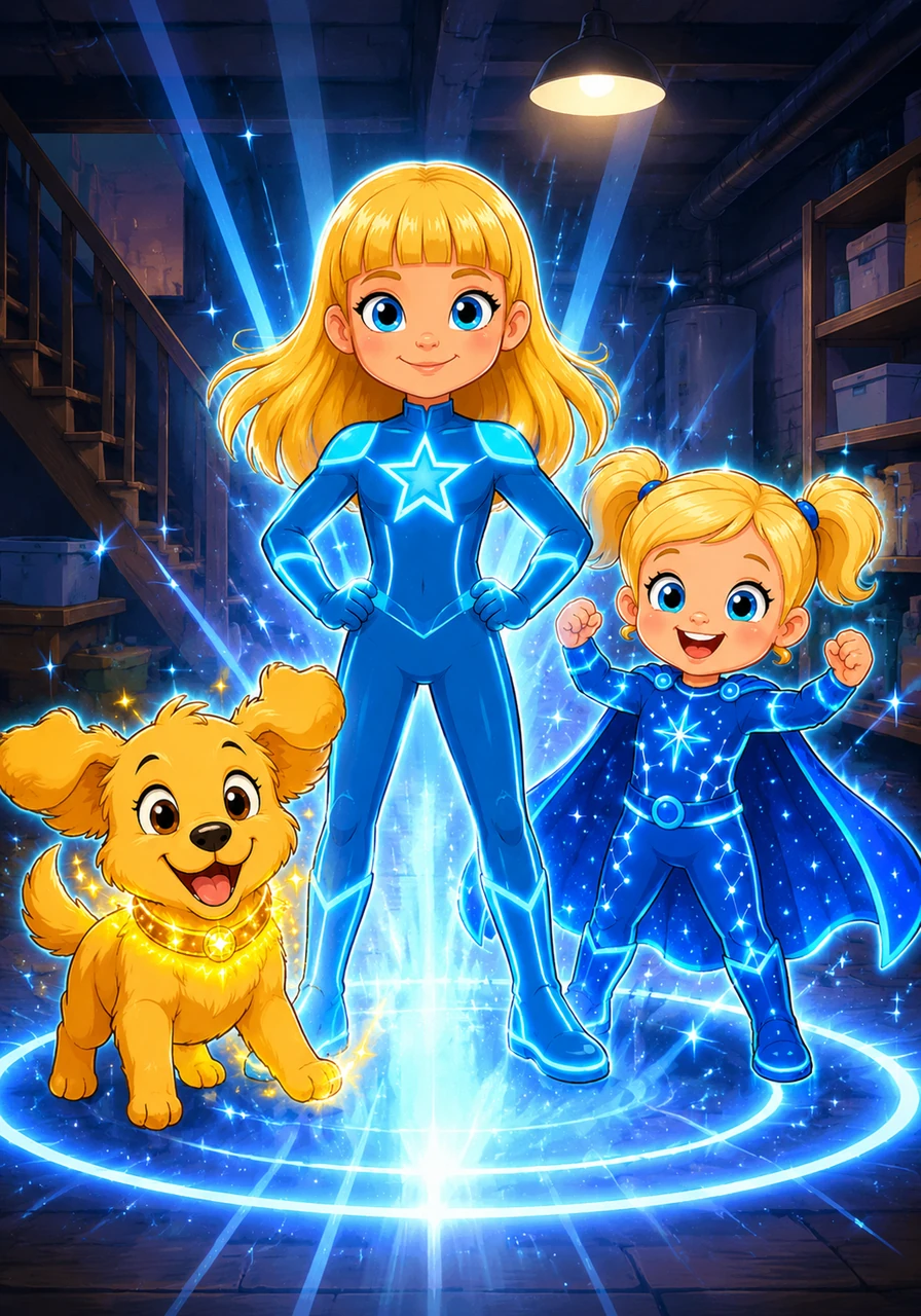 With a flash of bright lights in their secret basement, the family transforms into their glowing superhero suits. Ellie wears a sleek blue suit with a star emblem, little Riley sports a cute matching cape, and Sammy wears a golden collar that sparkles with cosmic energy.