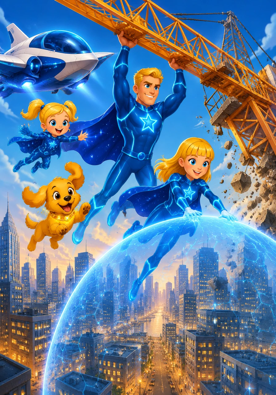 High above the glittering city skyline, the family leaps into action from their high-tech jet. Daddy uses his super-strength to hold up a tilting construction crane, while Mommy creates a glowing forcefield to shield the streets below from falling debris.