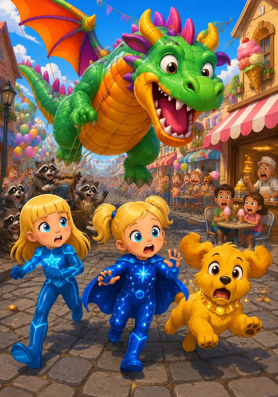 Suddenly, a mischievous group of raccoons accidentally releases the brakes on a giant, rolling parade balloon shaped like a dragon. The massive balloon starts bouncing down the main street toward a crowded ice cream parlor, threatening to cause total chaos.