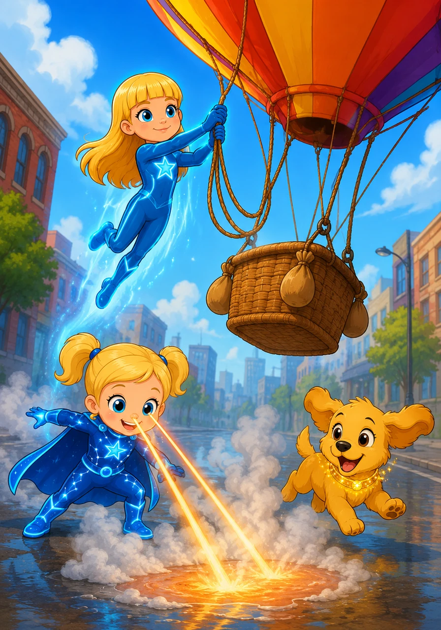 Ellie springs into action, using her levitation powers to float gracefully into the air and grab the balloon's trailing ropes. Down on the pavement, little Riley uses her special heat-vision to gently warm up a puddle, creating a soft cushion of steam that slows the balloon down.