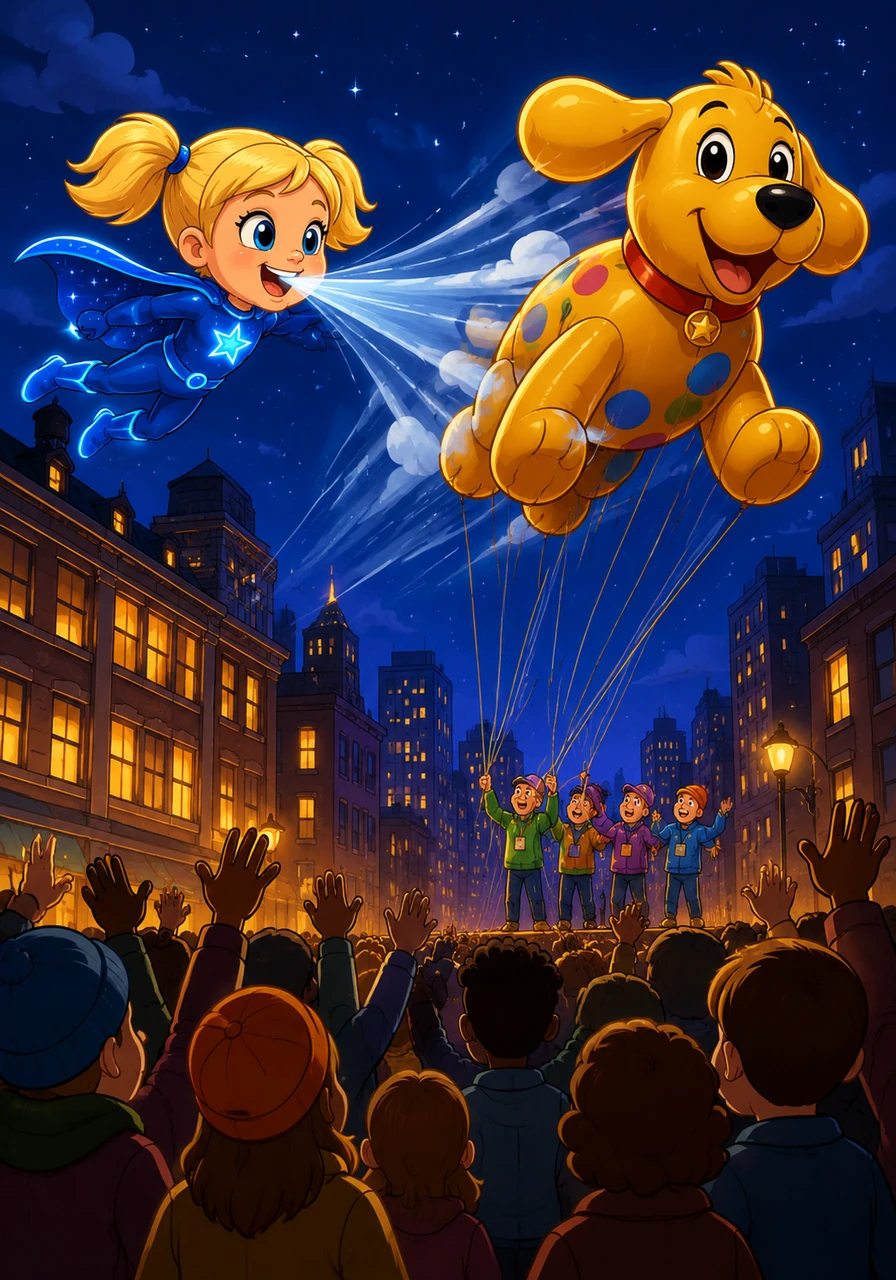 Super-pup Sammy flies up with a joyful bark, using her super-breath to blow the giant balloon safely away from the buildings and right back to the parade organizers. The crowd cheers loudly for the mysterious nighttime heroes, completely unaware of who they really are.