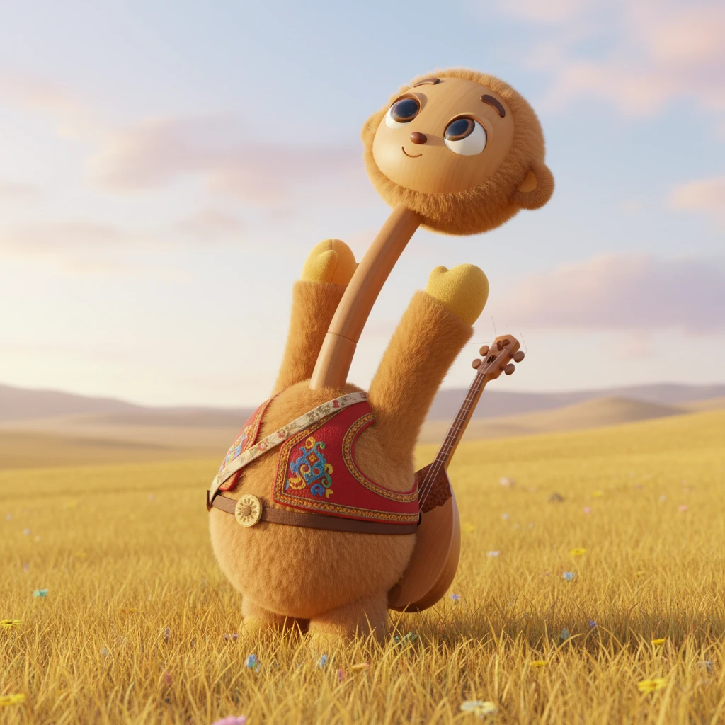 Little dombra Aikui awoke early, stretching his polished strings and listening intently. All around him, the vast, golden steppe stretched endlessly under the morning sky, bathed in soft, volumetric light. His wooden body, carved with intricate details, gleamed with realistic material properties.