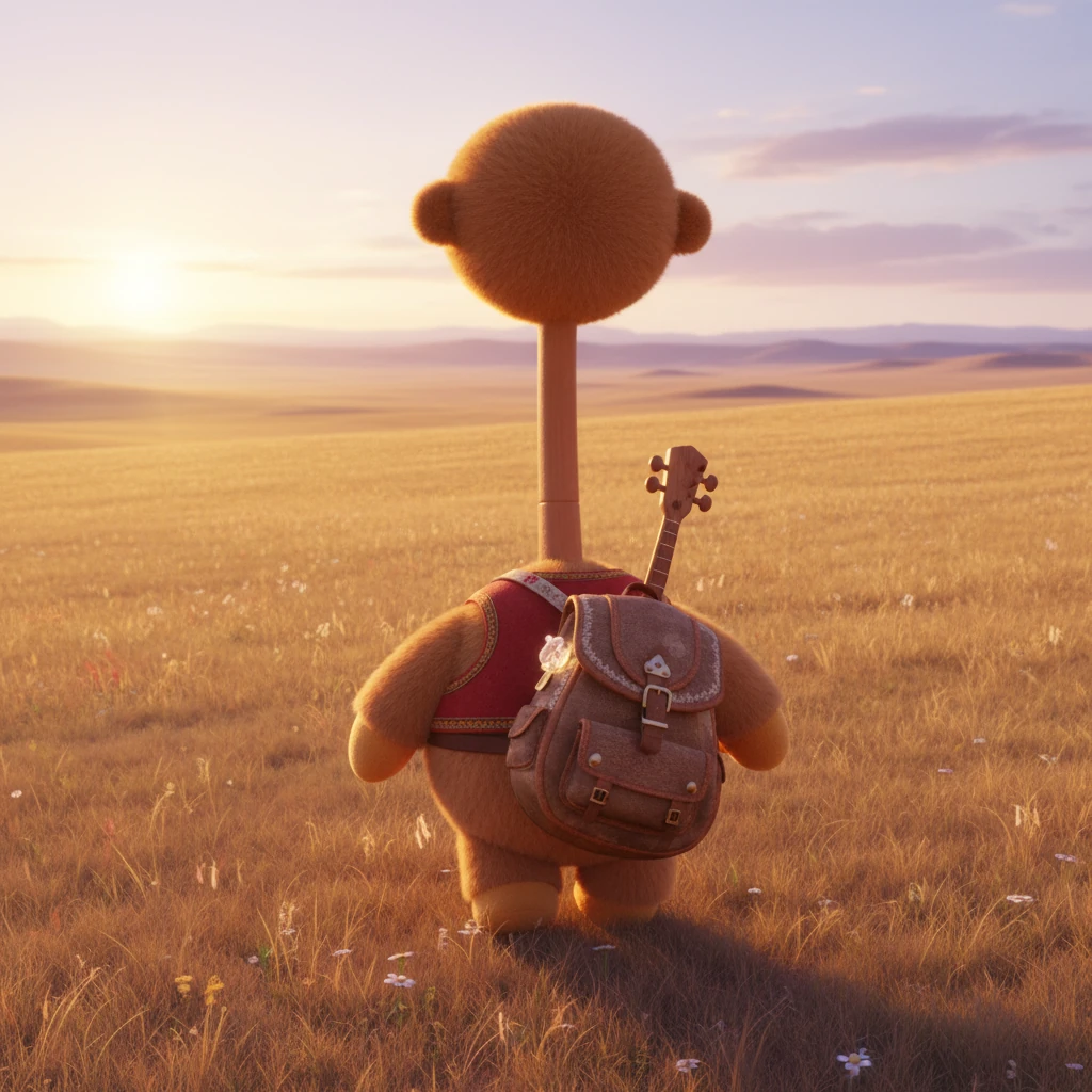 Suddenly, the steppe's voice, soft and inviting, called to him: "Aikui, come with me. I will show you how the Kazakh land sings." With a sense of wonder, Aikui donned his magical backpack-case, its fabric textured and worn, and set off on his enchanting journey, leaving behind the tranquil dawn.