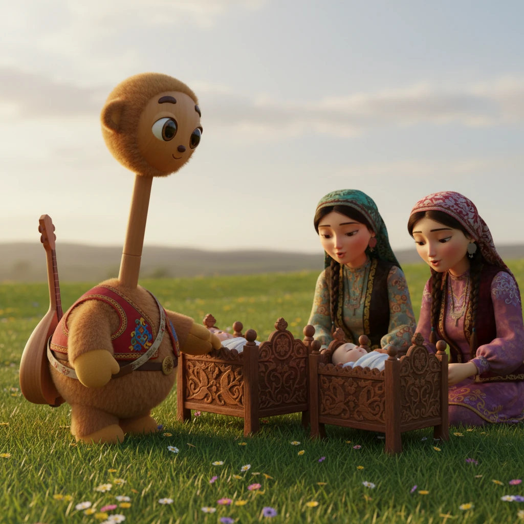 Continuing his journey, Aikui discovered a serene, quiet meadow, dotted with traditional besiks – intricately carved wooden cradles. Mothers, their faces soft with love, gently rocked their babies, their tender lullabies (Besik Zhyry) creating a peaceful, hushing atmosphere. The materials of the besiks and fabrics of the mothers' clothing were rendered with photorealistic detail.