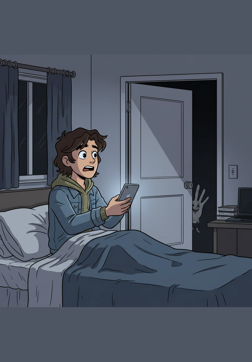 Alex looked up from the phone and realized with a jolt of terror that the bedroom door was wide open. They vividly remembered turning the lock and hearing the click before getting into bed, yet now it swung freely against the wall.