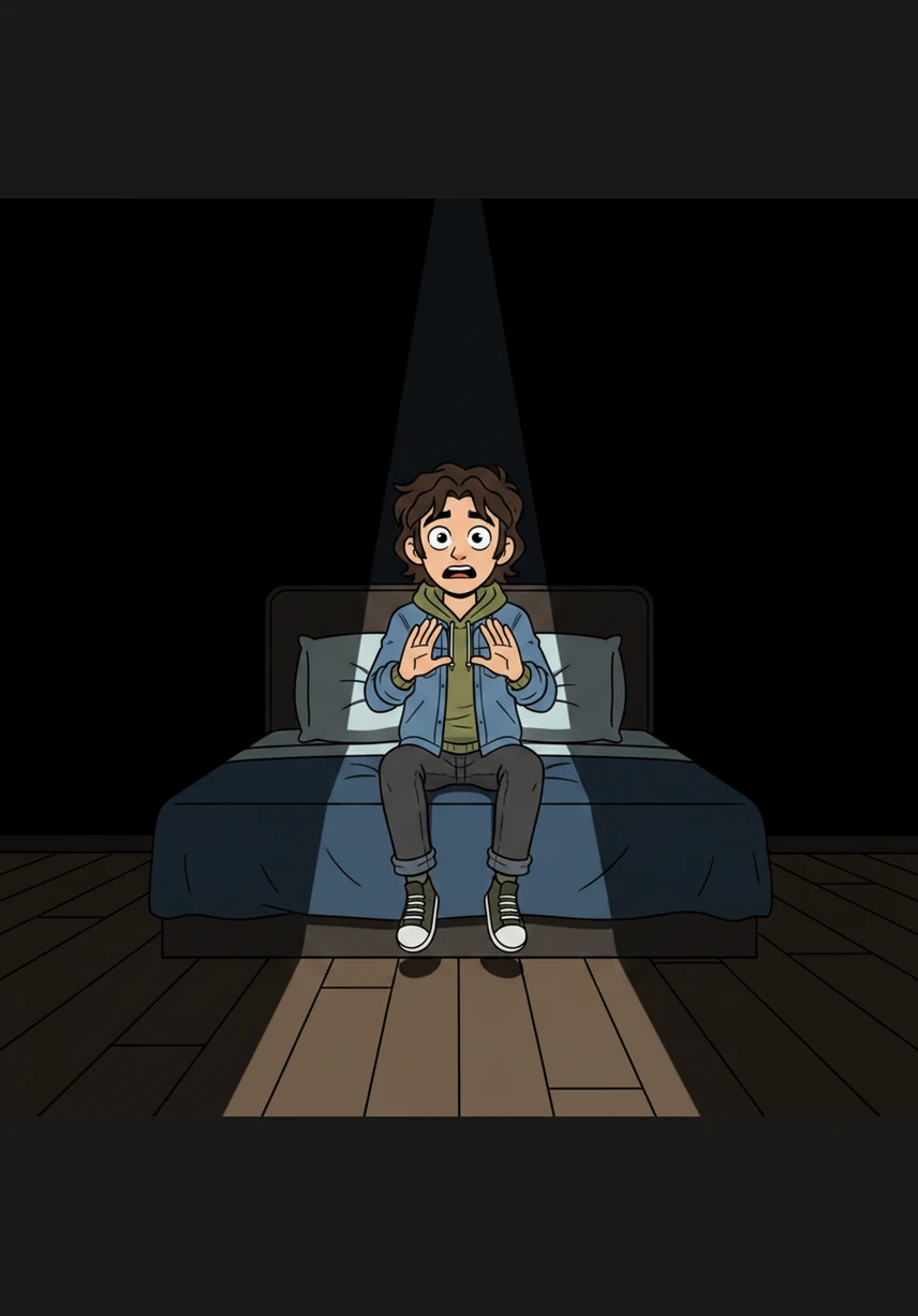 Frozen in the middle of the bed, Alex stared into the darkness of the open doorway, listening for that rattling breath. The blue light of the phone flickered and dimmed, casting long, dancing shadows that seemed to reach out from the corners of the room.