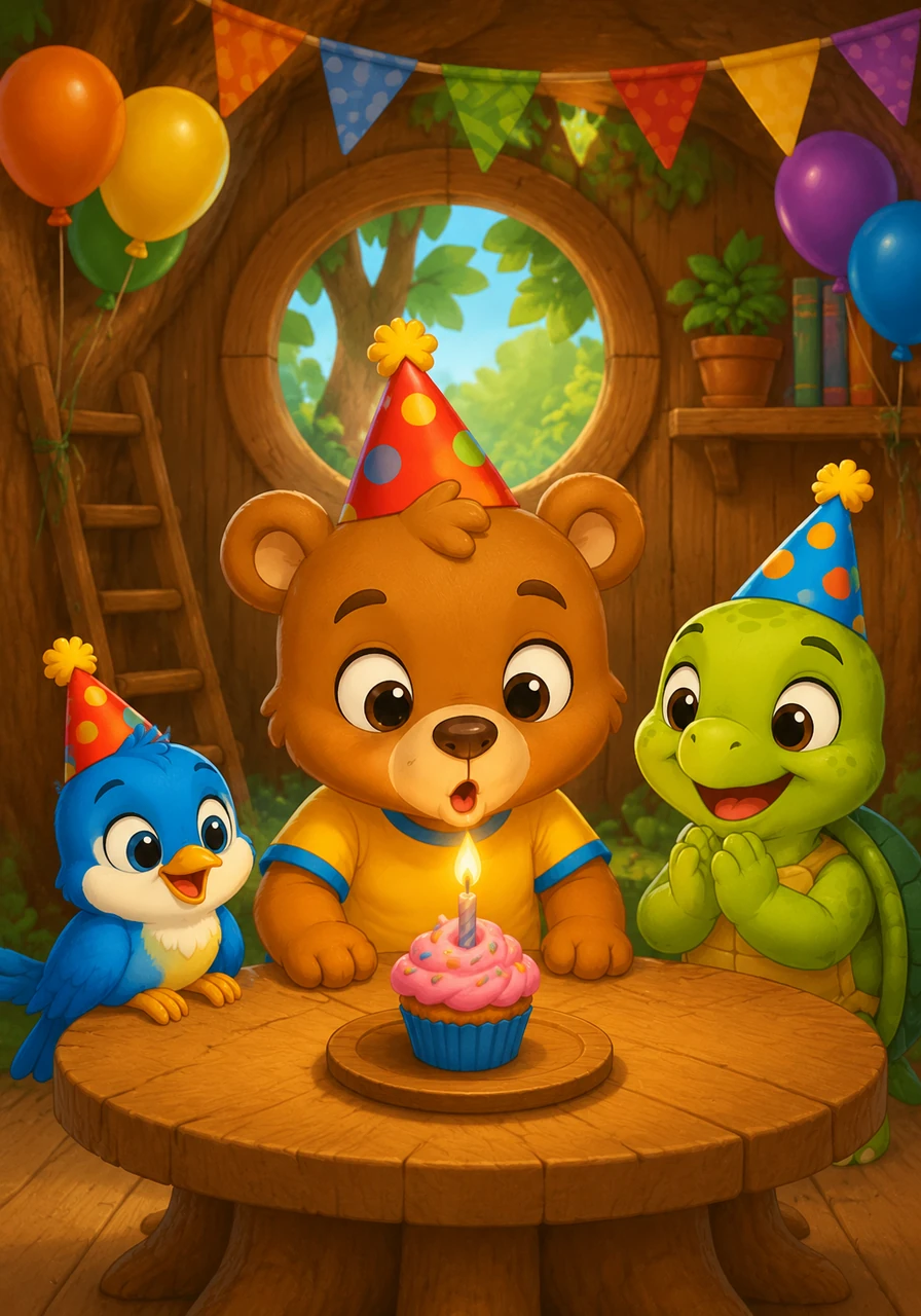 Leo the Little Bear lives in a cozy treehouse in the middle of the Whispering Woods. Today is his fifth birthday, and he is wearing a bright red party hat while blowing out a single candle on his cupcake.