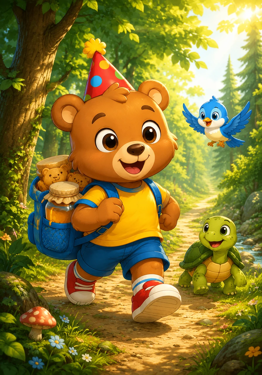 He decides to go on a grand adventure to find the legendary Golden Strawberry that grows deep in the forest. With a small backpack filled with homemade honey cookies, he steps out into the warm, sunny woods.