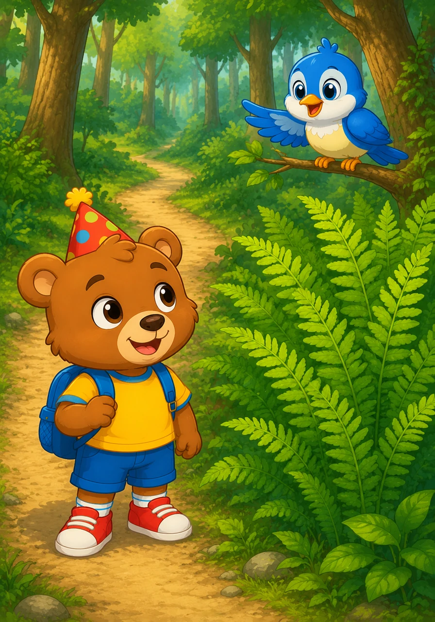 Along the path, Leo meets Pip, a cheerful blue bird who chirps a happy tune. Pip offers to fly ahead and show Leo the secret shortcut through the patch of tall, tickly green ferns.