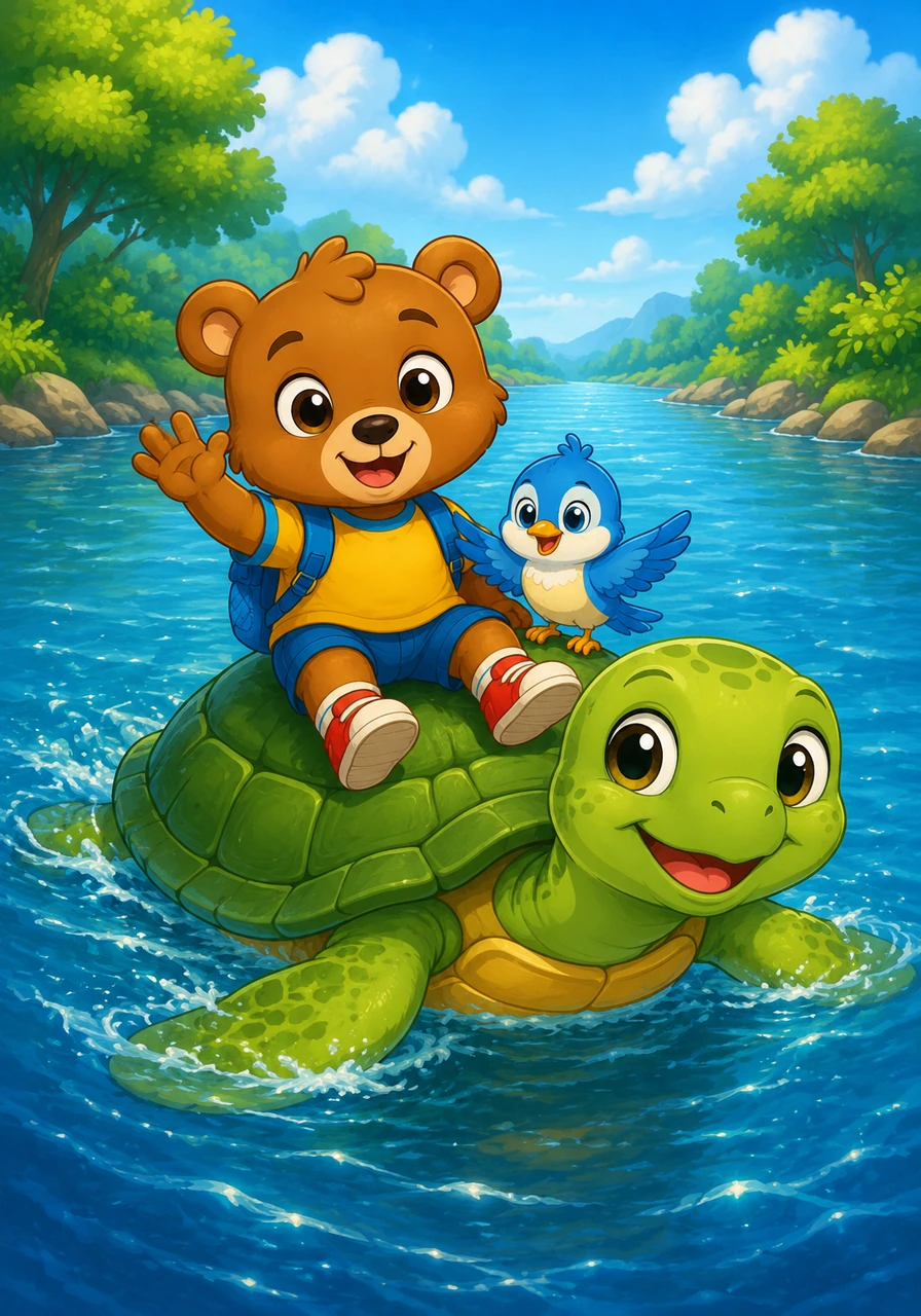 They come across a wide, sparkling river with no bridge in sight. A kind turtle named Shelly swims over and offers them a ride, letting Leo and Pip sit safely on her smooth shell as they glide across the cool water.