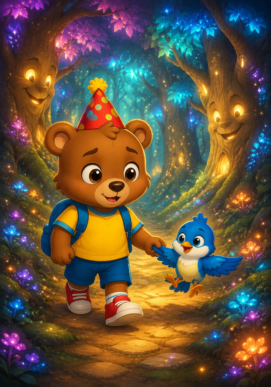 Entering the deeper forest, the trees gently whisper happy secrets and glow with soft, magical colorful lights. Leo feels a little nervous, but he holds Pip's tiny wing and keeps walking forward bravely.