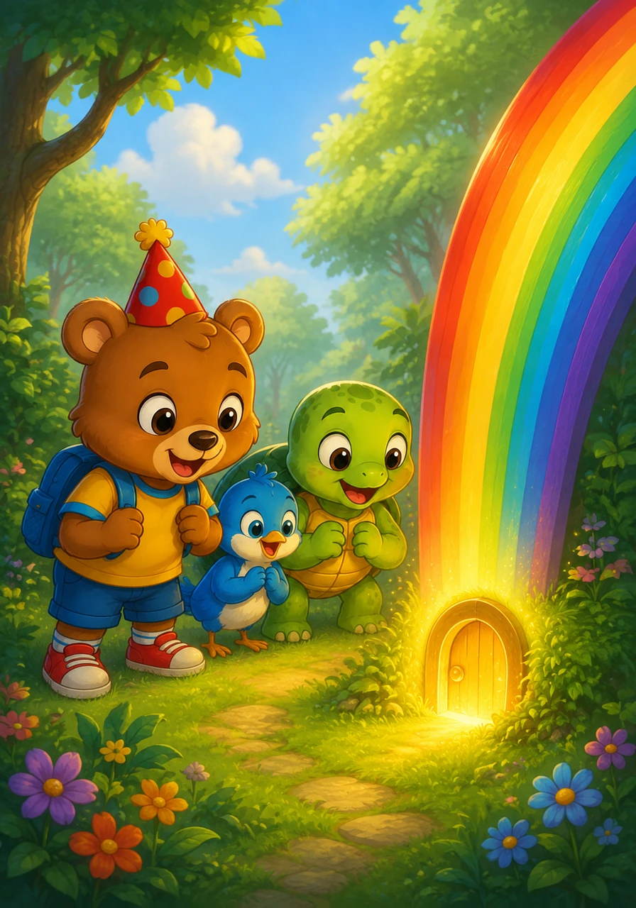 Suddenly, they find a giant, colorful rainbow that touches down right in front of them in a sunny clearing. At the very base of the rainbow, a tiny, glowing golden door is hidden in the soft green grass.