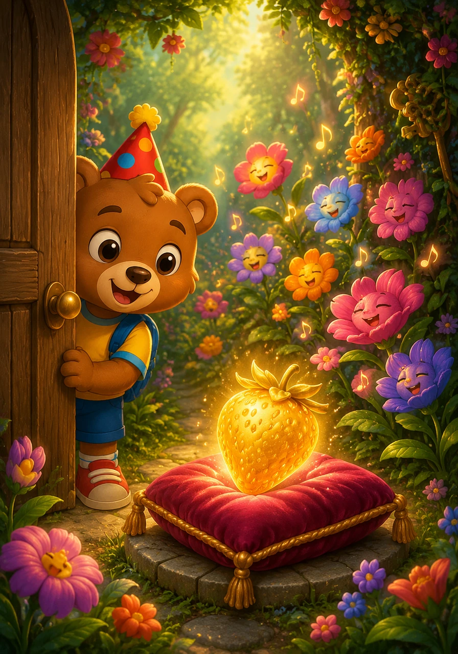 Leo gently opens the door and discovers a beautiful, hidden garden filled with singing flowers. Right in the center, sitting safely on a soft velvet cushion, is the beautiful, shining Golden Strawberry.