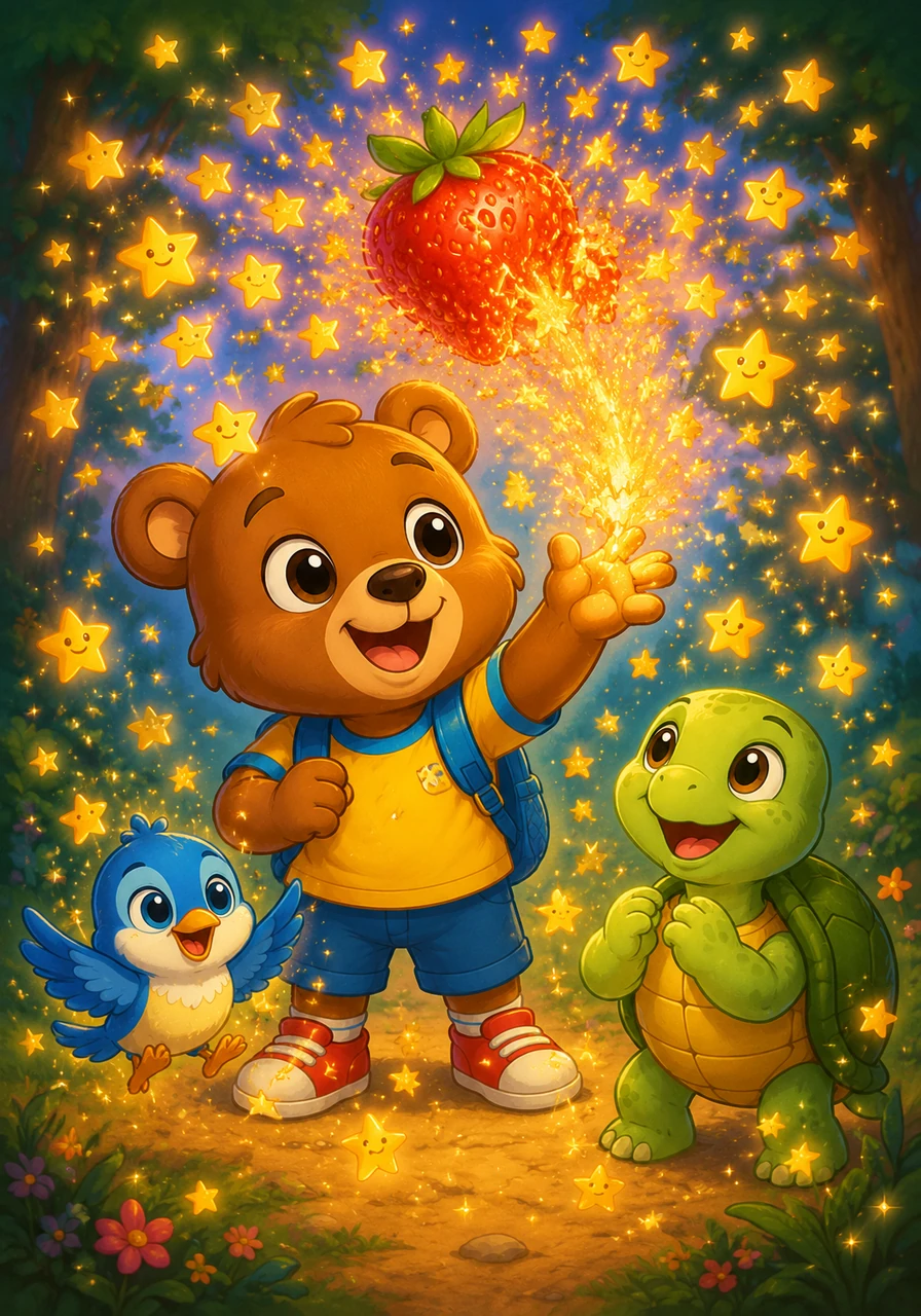 As Leo reaches out to touch it, the strawberry bursts into thousands of friendly, glittering stars. The stars dance around Leo, Pip, and Shelly, filling the air with a warm, joyful light that makes them giggle.