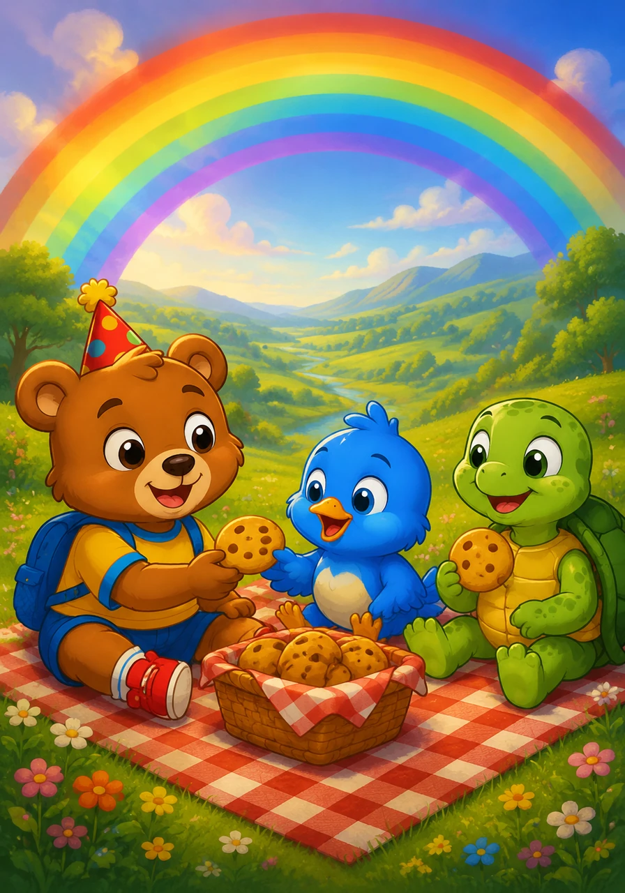 Realizing that making new friends was the best birthday gift of all, Leo shares his delicious honey cookies with Pip and Shelly. They laugh and picnic together under the colorful glow of the giant rainbow.