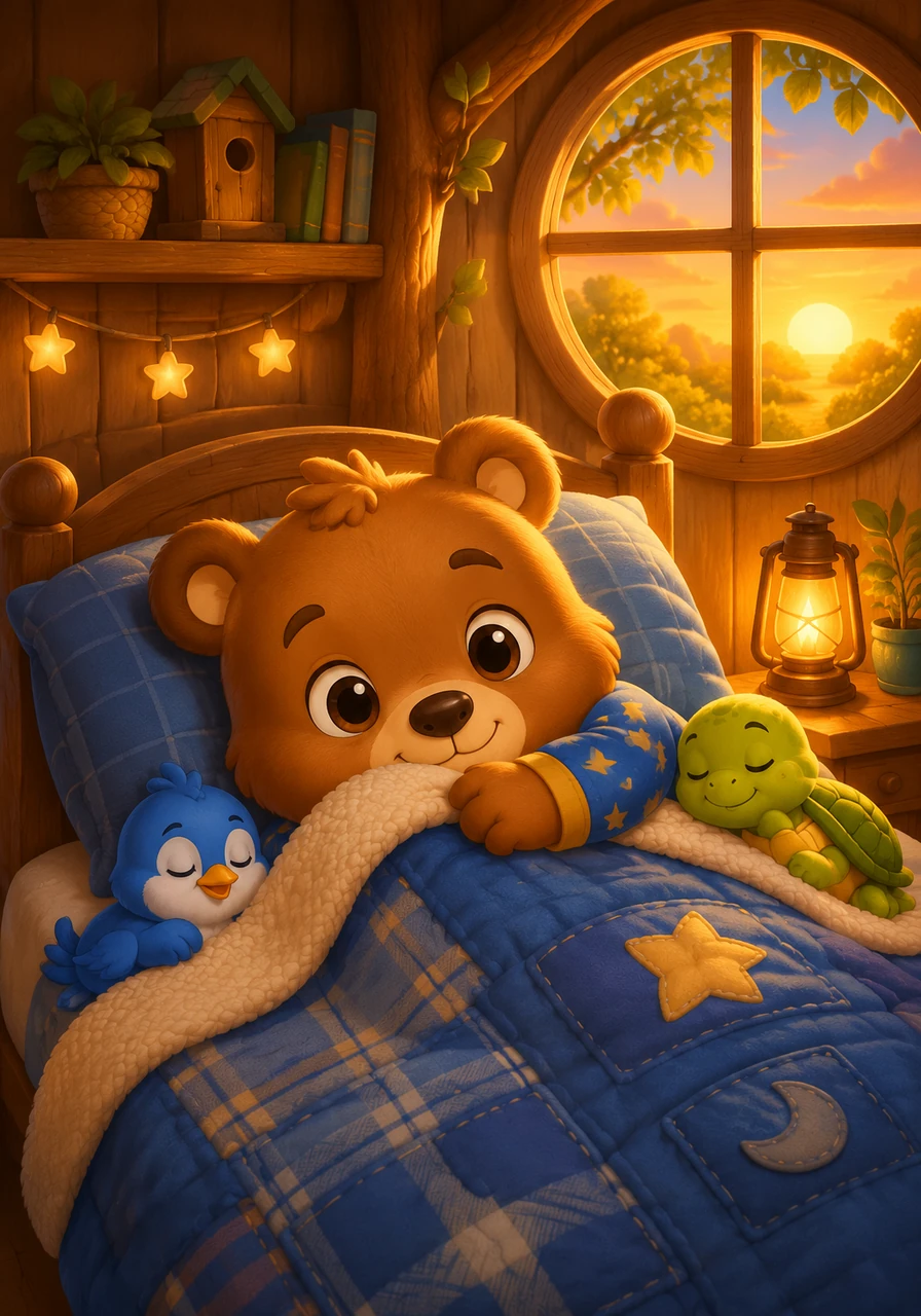 As the golden sun begins to set, Leo returns home to his cozy treehouse, tired but incredibly happy. He cuddles up tightly in his warm, soft bed, ready to dream of his next big journey into the magical world.