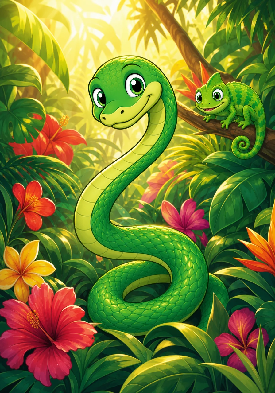 Deep in the heart of the warm, sun-drenched jungle, a small green snake named Hugo slithered gracefully through the bright exotic flowers. Unlike the scary stories the other animals whispered, Hugo had a kind heart and a soft, friendly smile. He loved the cozy warmth of the tropical sun reflecting off his smooth, emerald scales.