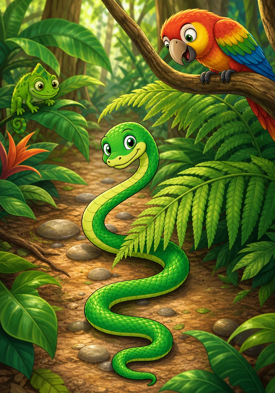 Hugo loved to show everyone how he moved, winding his body in a beautiful, silent S-shape across the forest floor. He glided over smooth stones and under giant ferns without making a single sound. A curious colorful parrot watched from a low branch, amazed by how smoothly the little snake could travel without any legs.