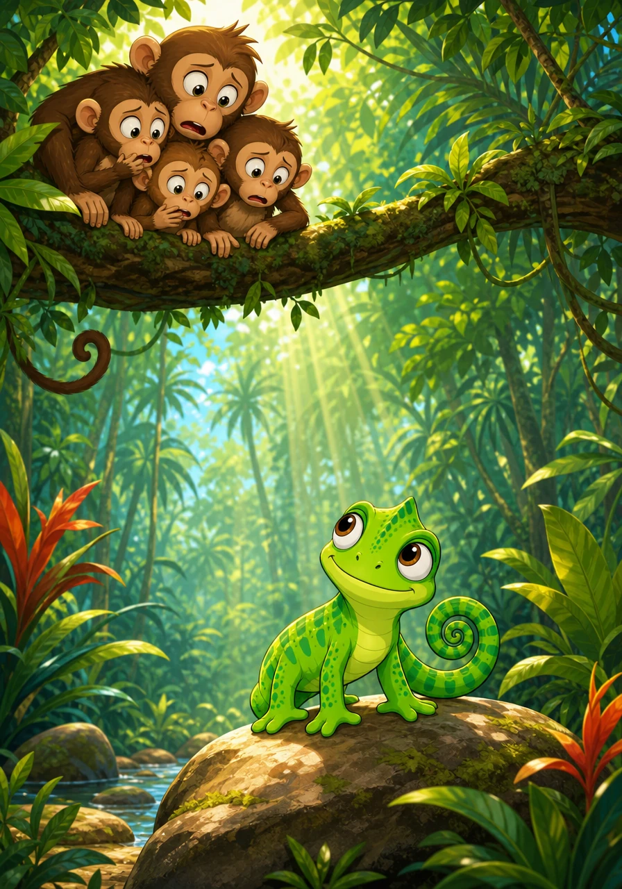 Up in the canopy, a family of monkeys chattered nervously when they saw Hugo approaching. Hugo stopped and tilted his head, giving them a warm, reassuring greeting to show he meant no harm. He explained that he prefers the warm, damp earth and loves basking on sunlit rocks to keep his body cozy and energized.