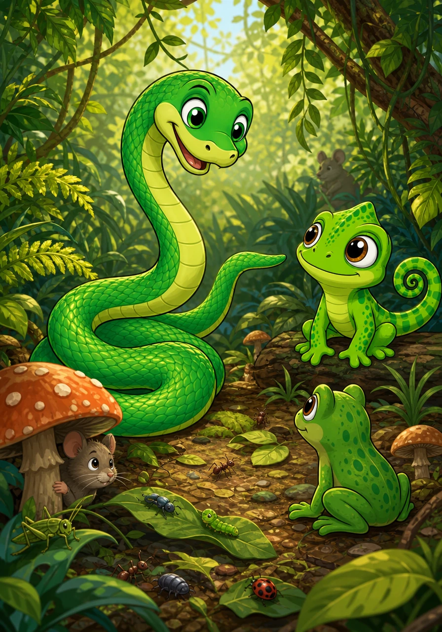 To help his new friends understand him better, Hugo shared what he likes to eat, explaining that snakes help the jungle stay healthy. He eats small insects, mice, and little bugs that hide in the thick undergrowth, keeping the nature reserve balanced and clean. A tiny field mouse peeked out from behind a mushroom, listening intently and realizing Hugo wasn't interested in chasing him today.