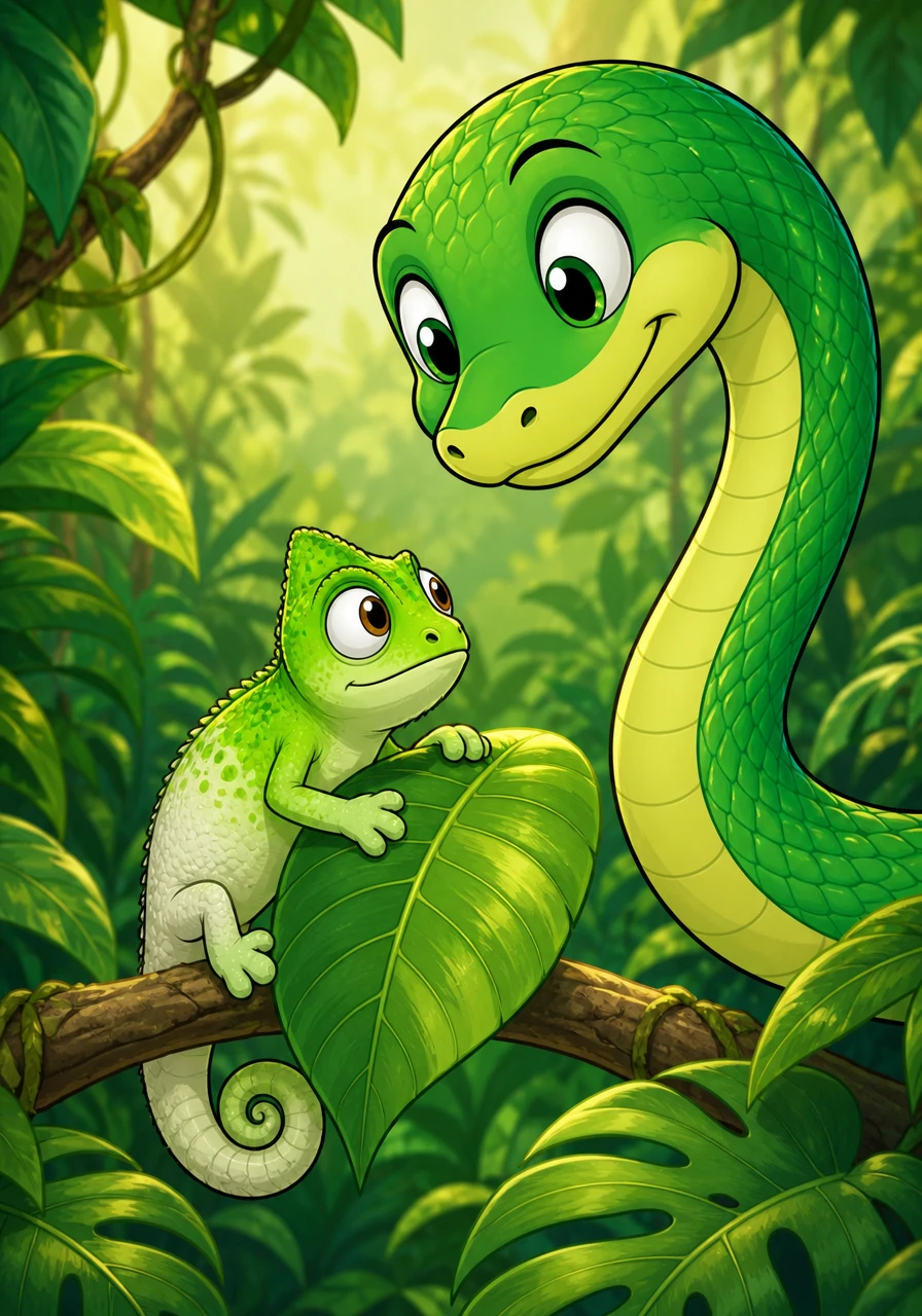 As Hugo continued his peaceful stroll, he met a frightened little chameleon who had turned completely pale with fear. Hugo spoke in a soft, soothing whisper, telling the chameleon that they both shared a love for the warm jungle sun. Slowly, the chameleon felt safe and turned back to a bright, happy shade of green, realizing Hugo was a friend.