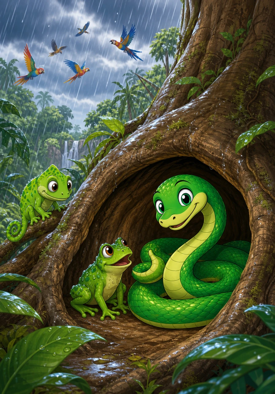 Suddenly, a sudden tropical afternoon shower began to pour, cooling the warm jungle air. While the birds flew to the treetops, Hugo expertly demonstrated how he could slip into a dry, cozy hollow beneath a giant tree root to stay safe and dry. He invited a wet little frog to share the shelter, proving how hospitable a snake could be.