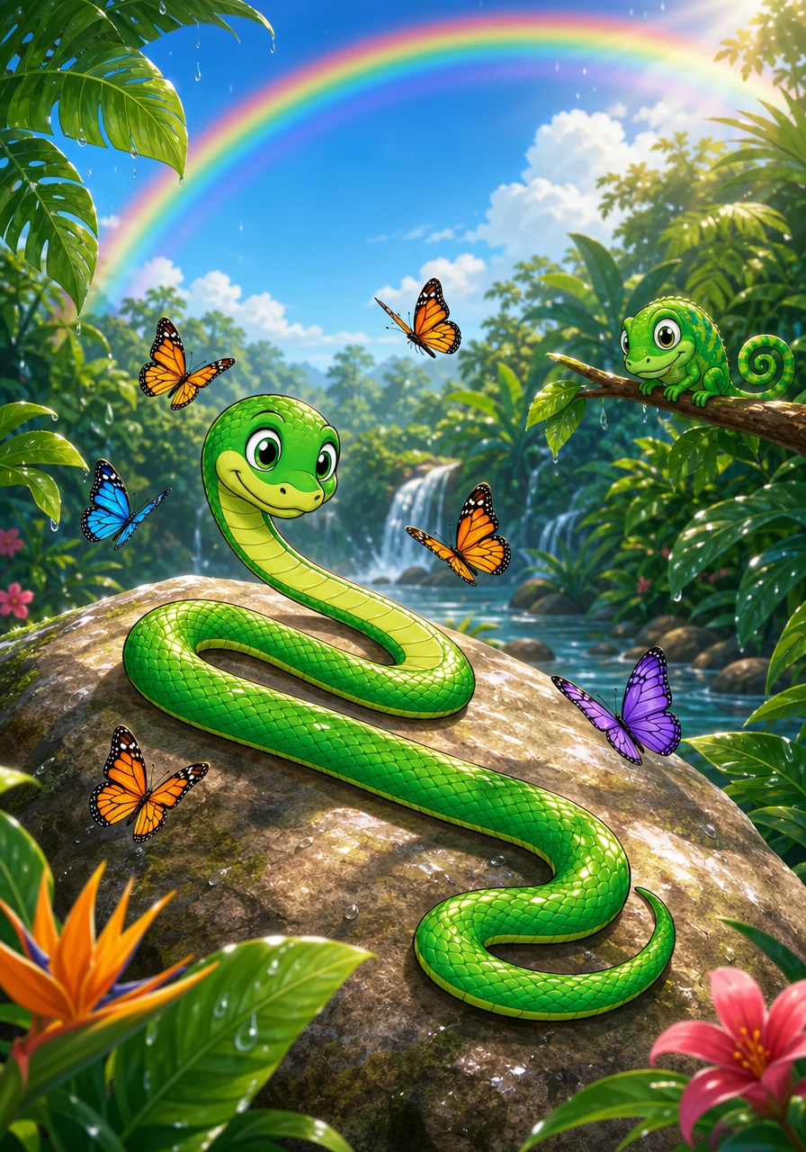 When the rain cleared, the jungle came alive with a beautiful rainbow stretching across the sky. Hugo slithered out onto a large, smooth rock that was quickly warming up in the sunshine, stretching his long body to absorb the heat. A group of curious butterflies fluttered around him, realization dawning on them that Hugo was a peaceful part of their home.