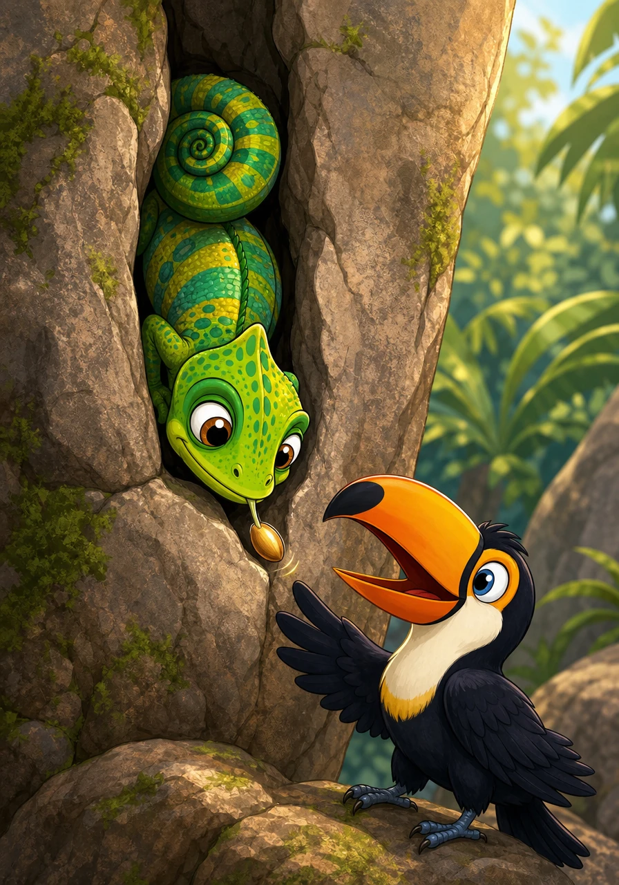 Later that afternoon, a young toucan accidentally dropped its favorite shiny seed into a deep, narrow crevice between two rocks where no one could reach. Hugo smiled and volunteered to help, easily bending his flexible body into the tight space. With a gentle nudge of his nose, he slid the seed back out, making the young bird chirp with joy.