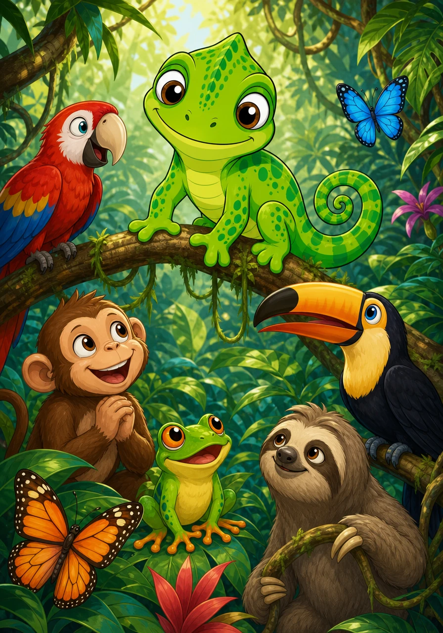 Word of Hugo’s kindness quickly spread through the tall trees and thick vines of the jungle. Animals who used to hide when they heard a rustle in the leaves now gathered around to watch him glide by with admiration. They finally understood that being different didn't mean he was dangerous, and every creature has an important role to play.