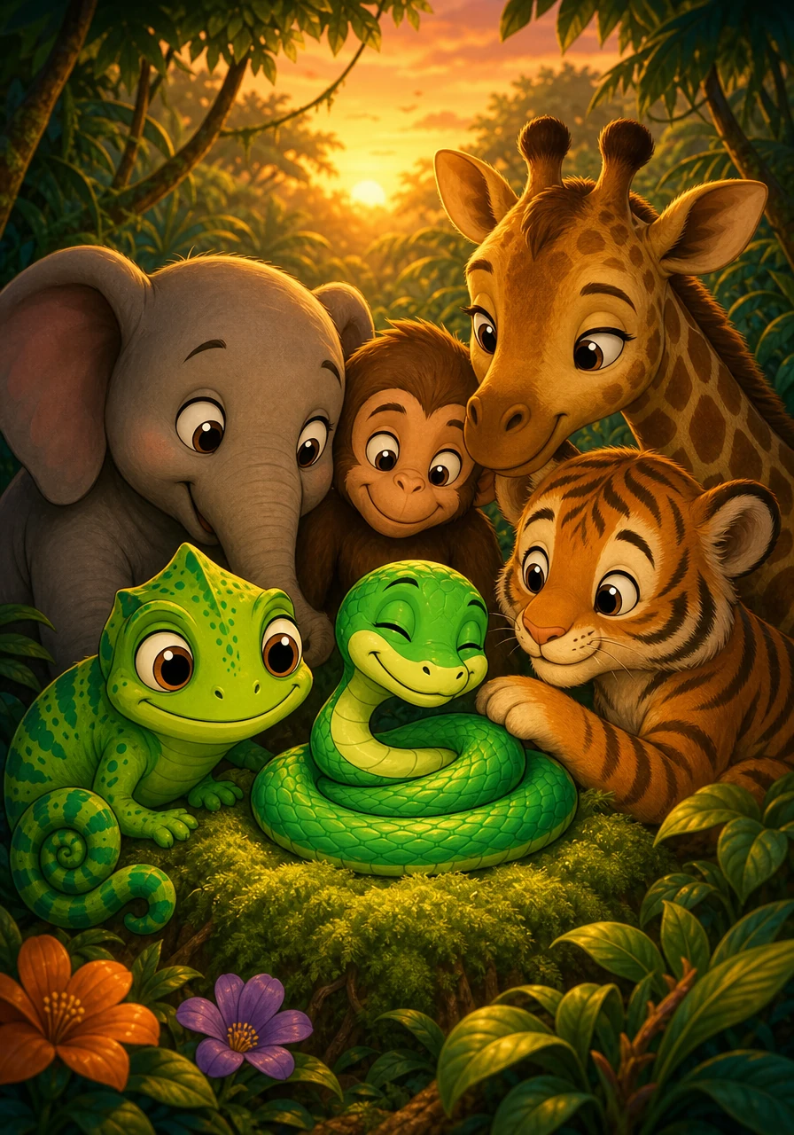 As the golden sun began to set over the peaceful jungle, Hugo curled up happily on a soft bed of moss. Surrounded by his new animal friends who came to wish him sweet dreams, the little snake felt warm, accepted, and loved. The jungle was quiet, filled with the gentle harmony of understanding and friendship.