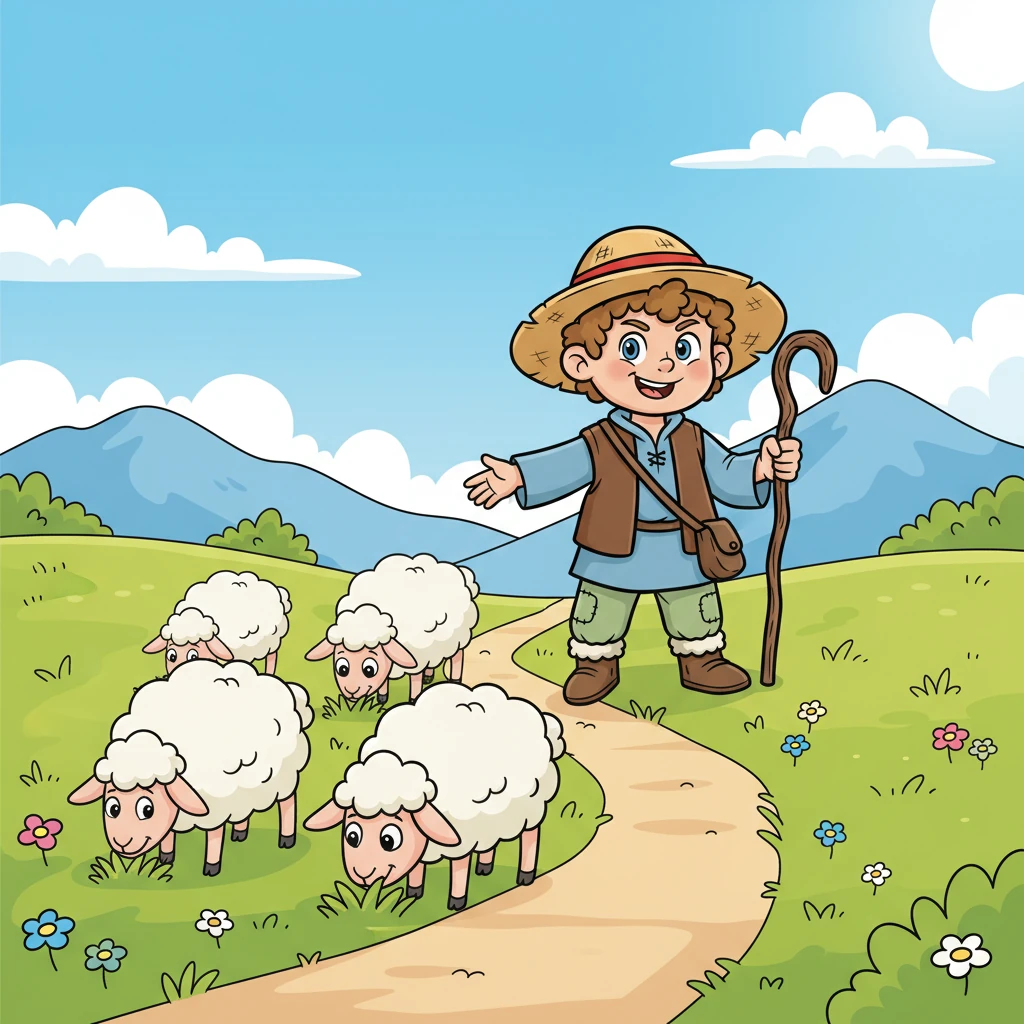 Every sunny morning, a cheerful shepherd boy named Leo led his fluffy sheep up the winding mountain path. He loved the fresh air and the wide-open spaces, making sure his flock grazed happily on the greenest grass. But sometimes, watching sheep munch grass all day could be a little bit... boring!