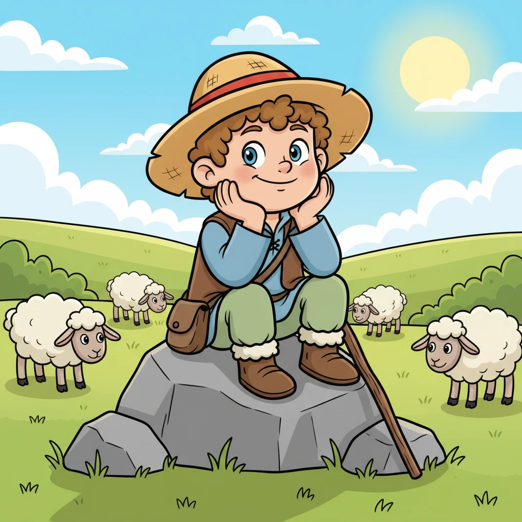One particularly quiet afternoon, Leo sat on a large rock, his chin in his hands, feeling restless. The sheep were peacefully nibbling, and the sun was warm, but Leo wished for something exciting to happen. A mischievous glint sparkled in his eyes as a playful idea popped into his head.