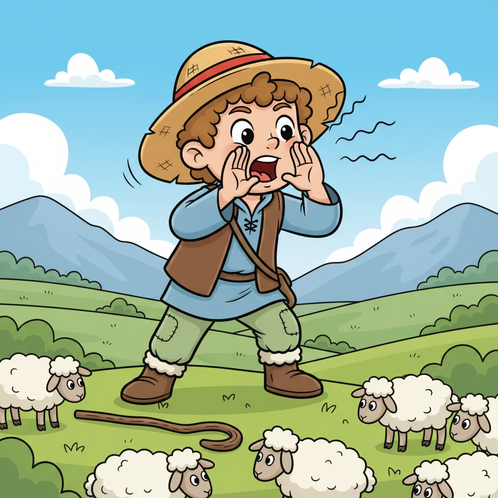 Suddenly, Leo leaped to his feet, cupping his hands around his mouth and shouting with all his might. “Wolf! Wolf! A wolf is attacking the sheep!” His voice echoed across the valleys, filled with fake panic and a hidden giggle.