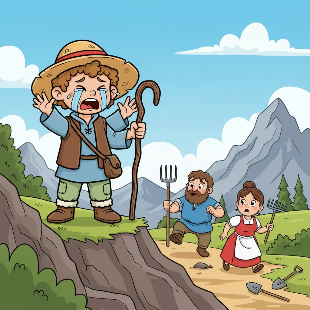 Hearing Leo's frantic cries, the kind villagers dropped their tools and raced up the steep mountain path. Their faces were etched with worry, eager to save Leo and his precious flock from danger. They carried pitchforks and brave hearts, ready to scare away any scary wolf.