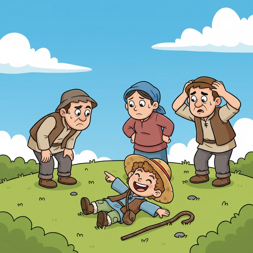 When the panting villagers finally reached the mountaintop, they found no wolf, only Leo giggling uncontrollably. He was rolling on the grass, pointing at their worried faces, finding the whole trick incredibly funny. The villagers, however, were not amused.