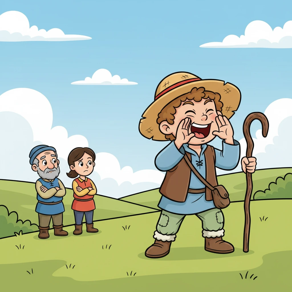 A few days later, boredom struck Leo again, and he couldn't resist playing the same trick. “Wolf! Wolf! Help, a wolf is here!” he yelled, enjoying the rush of excitement. This time, the villagers hesitated, looking at each other with doubtful expressions.