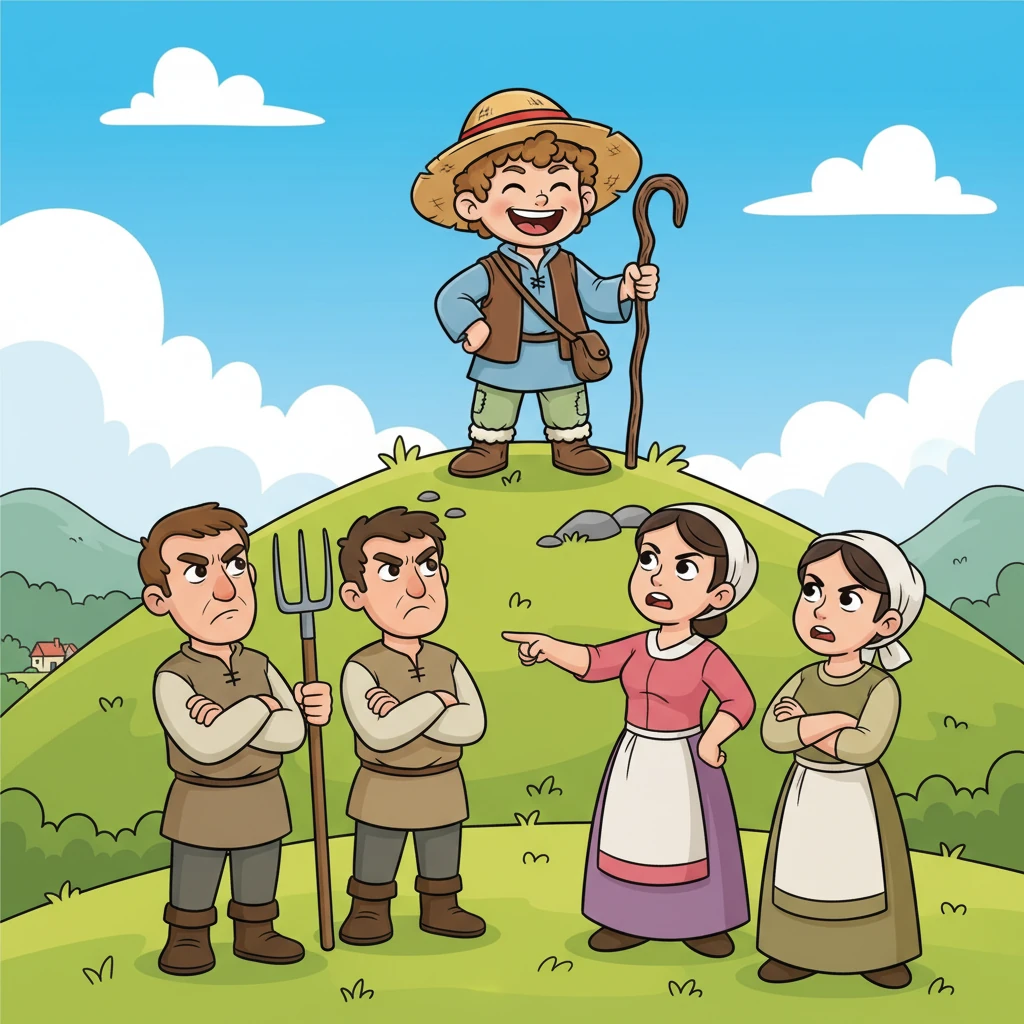 Reluctantly, the villagers gathered their tools and slowly made their way up the mountain once more. Upon arriving, they saw Leo laughing again, proud of his clever prank. Their frustration turned into anger, and they warned him sternly about crying wolf.