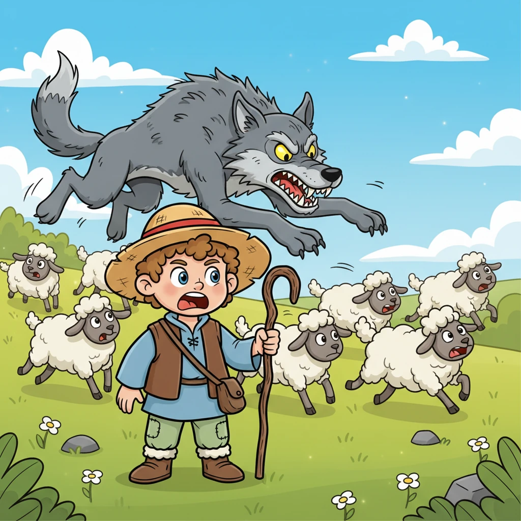 Then, one sunny afternoon, a truly enormous, shaggy wolf with gleaming teeth actually appeared at the edge of Leo's flock! It snarled and lunged, scattering the terrified sheep in every direction. Leo’s heart pounded with real fear.