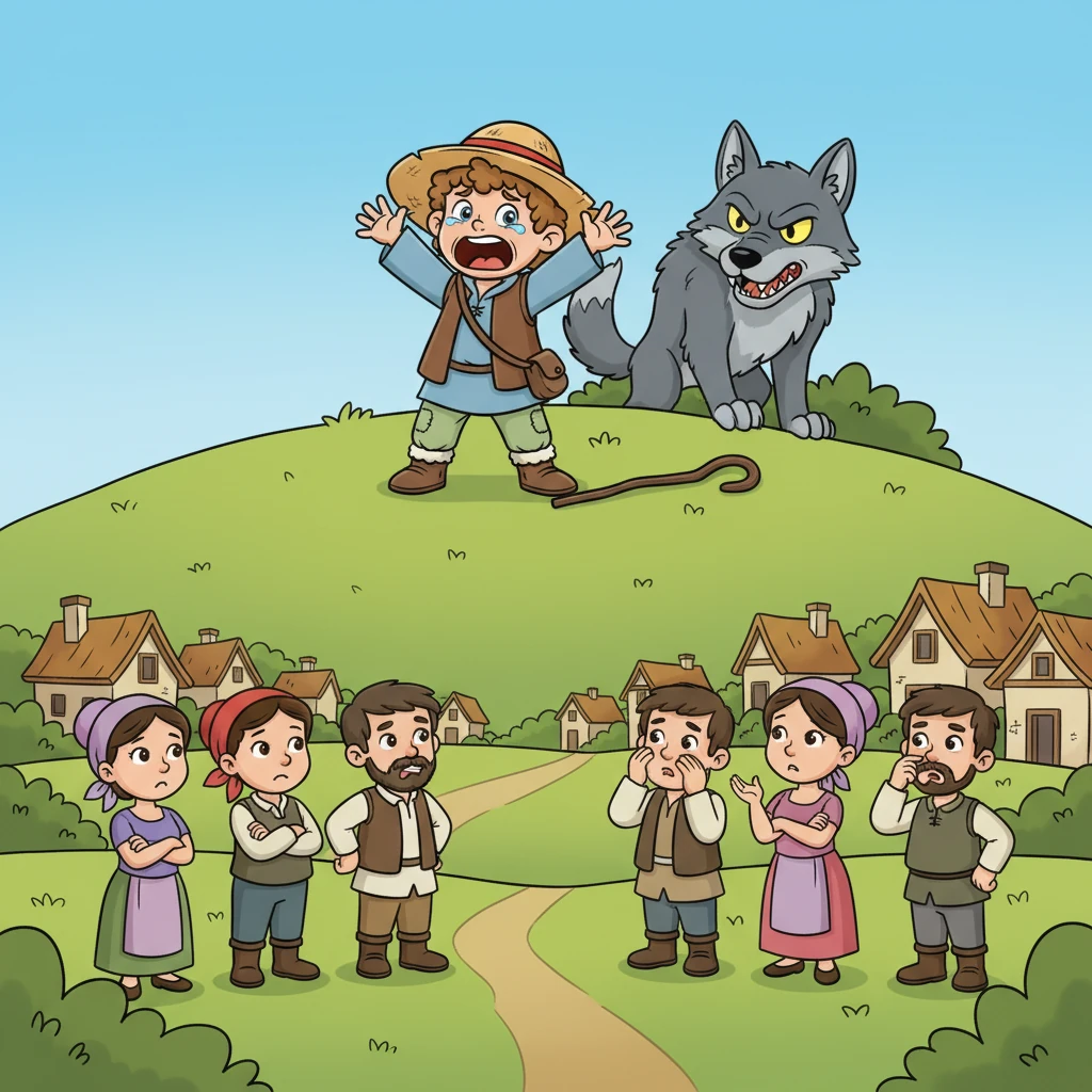 Leo screamed louder than ever, his voice filled with genuine terror, begging for help. “Wolf! Wolf! Please, someone help me, it’s a real wolf this time!” But back in the village, the people just sighed, shaking their heads, believing it was just another one of Leo's silly tricks.