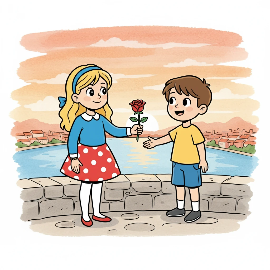 Num miradouro com vista para o Tejo, Renato ofereceu uma flor a Mafalda. O sol poente pintava o céu com tons de laranja e rosa, criando um cenário de sonho. Mafalda sentiu o coração bater mais forte.