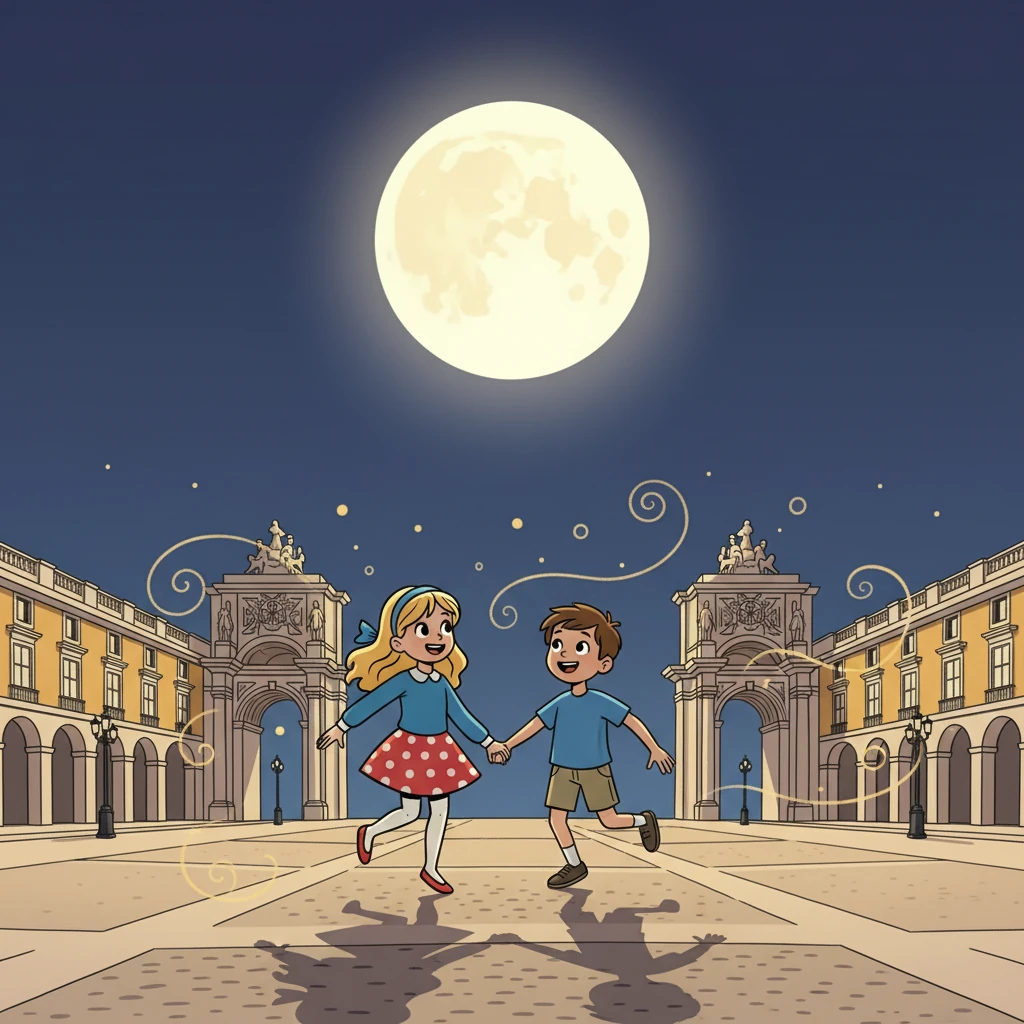 À medida que a noite avançava, passearam pela Praça do Comércio, com a sua arquitetura imponente. A lua cheia iluminava a praça, criando um cenário mágico. Mafalda e Renato sentiram-se envolvidos num conto de fadas.