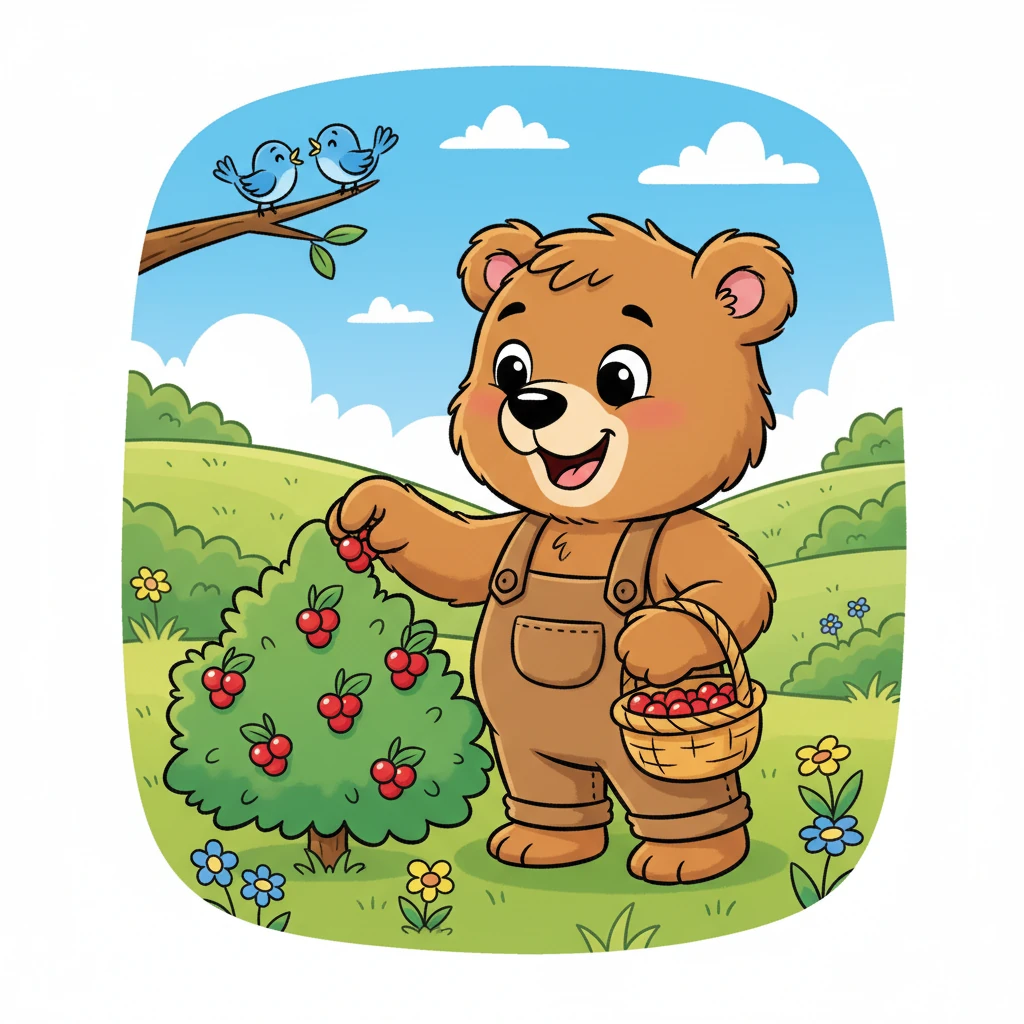 Barnaby Bear, a fluffy brown bear with a big smile, is excitedly picking bright red berries from a bush in a sunny, green meadow. His eyes sparkle with joy as he carefully plucks each juicy berry, placing it into a small basket. Birds chirp happily in the background, and colorful wildflowers dot the landscape around him.