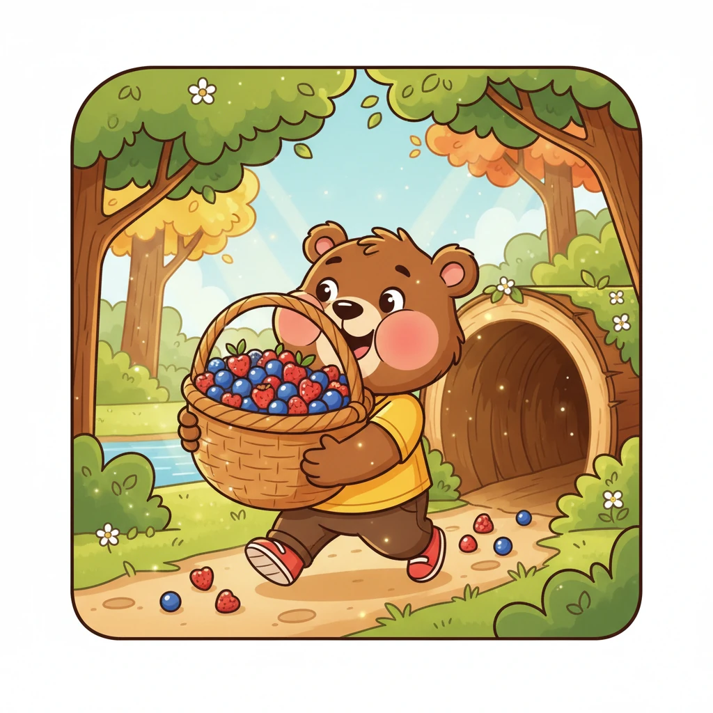 Barnaby triumphantly carries a giant, overflowing basket of berries, almost as big as himself, back to his cozy hollow log. His cheeks are puffed out with pride, and he walks with a bouncy step, leaving a trail of a few dropped berries behind him. The sunbeams filter through the trees, making the berries gleam.