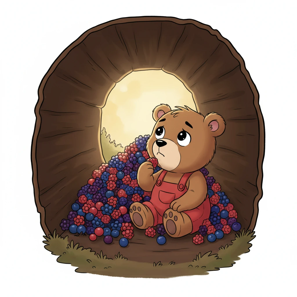 Barnaby sits inside his hollow log, surrounded by his enormous pile of berries. He munches on them one by one, but his big, expressive eyes look a little sad and lonely. Even with all the delicious berries, the quiet space feels empty, and his smile has faded.